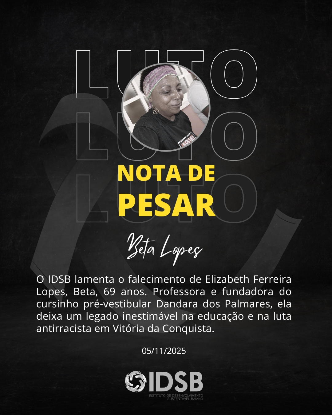 Nota de pesar - Elizabeth Ferreira Lopes, Beta, aos 69 anos