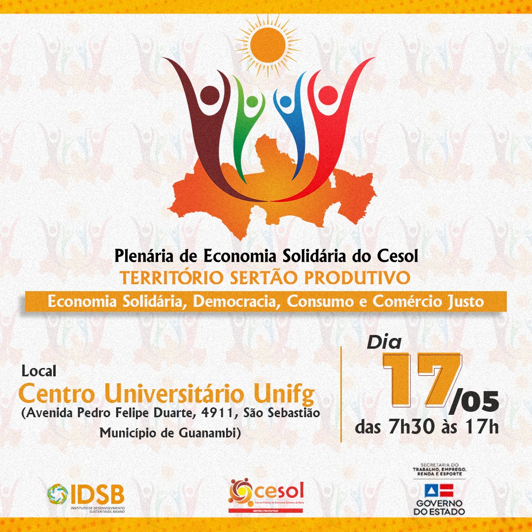 Plen�ria de Economia Solid�ria do Cesol Territ�rio Sert�o Produtivo acontecer� no dia 17 de maio 