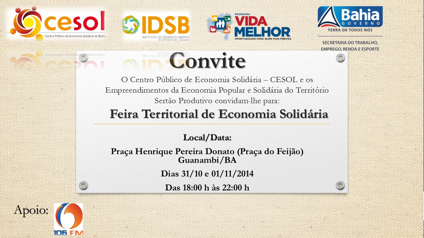Feira Territorial de Economia Solid�ria acontece nesta sexta e s�bado